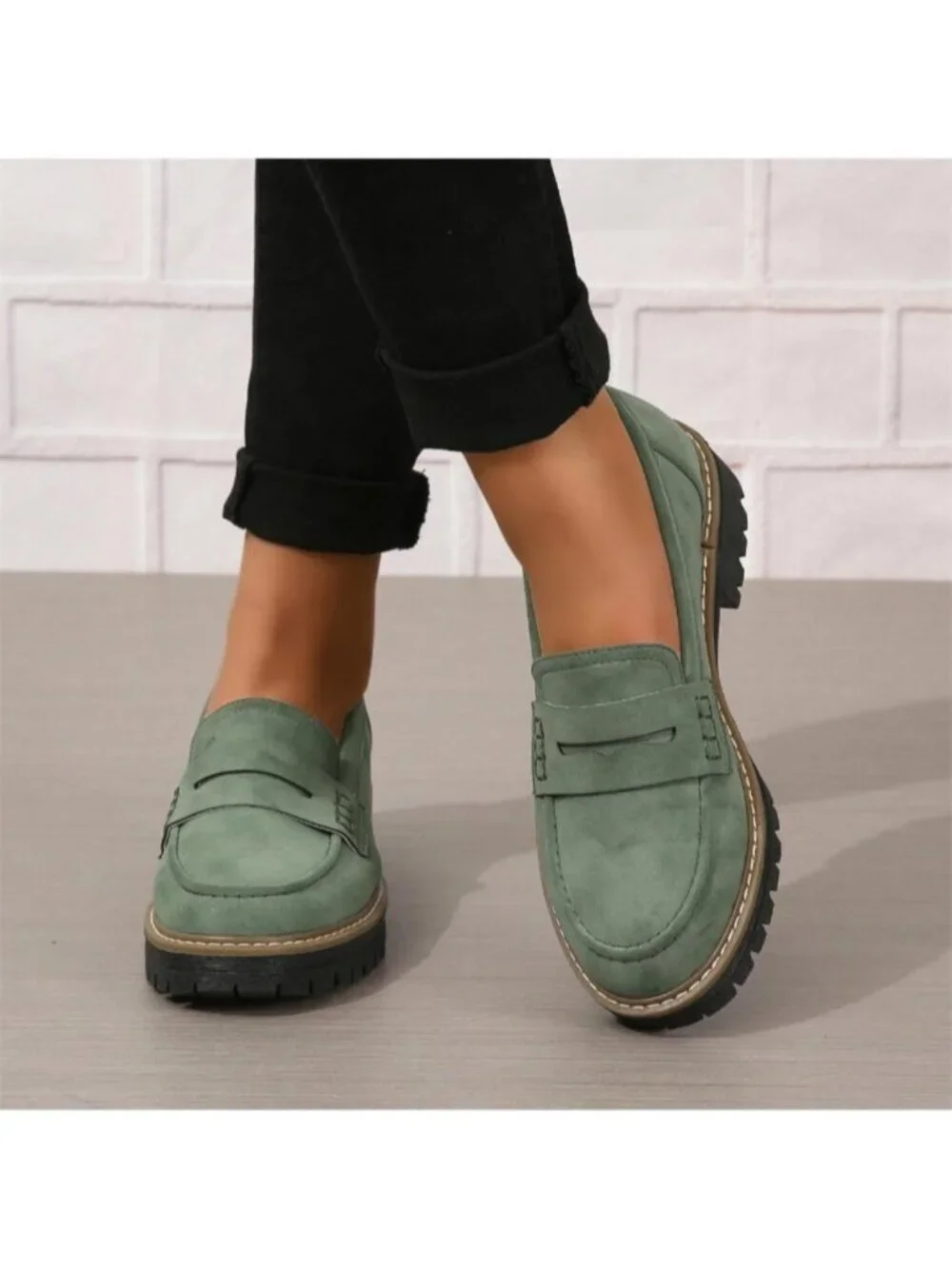 Womens Green Suede Lug Sole Slip On Business Chunky Platform Penny Loafers Shoes